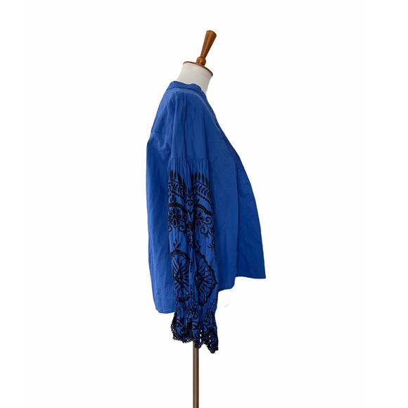 Zara Womens Floral Embroidered Eyelet Button Up Blouse Blue S Small - Picture 2 of 8